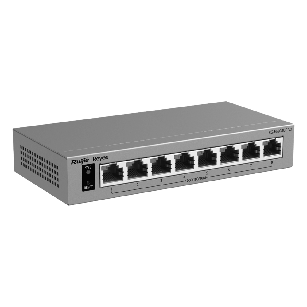 Switch Gigabit Smart Cloud-Managed / 8 Puertos 10/100/1000BASE-T / Capa 2 / Switching 16 Gbps / AI-Powered Failover / Modo CCTV Un-Click / Gestión Cloud Ruijie & App Reyee / Diseño Fanless / Gabinete Metal / Protección Surge 6 kV