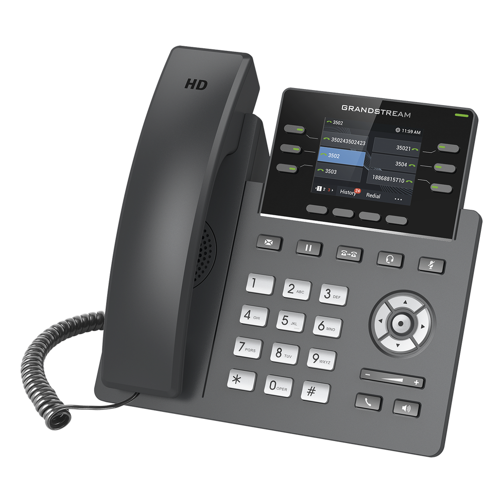 Teléfono IP Grado Operador, 3 líneas SIP con 6 cuentas, puertos Gigabit,PoE,  pantalla a color 2.4", codec Opus, IPV4/IPV6 con gestión en la nube GDMS