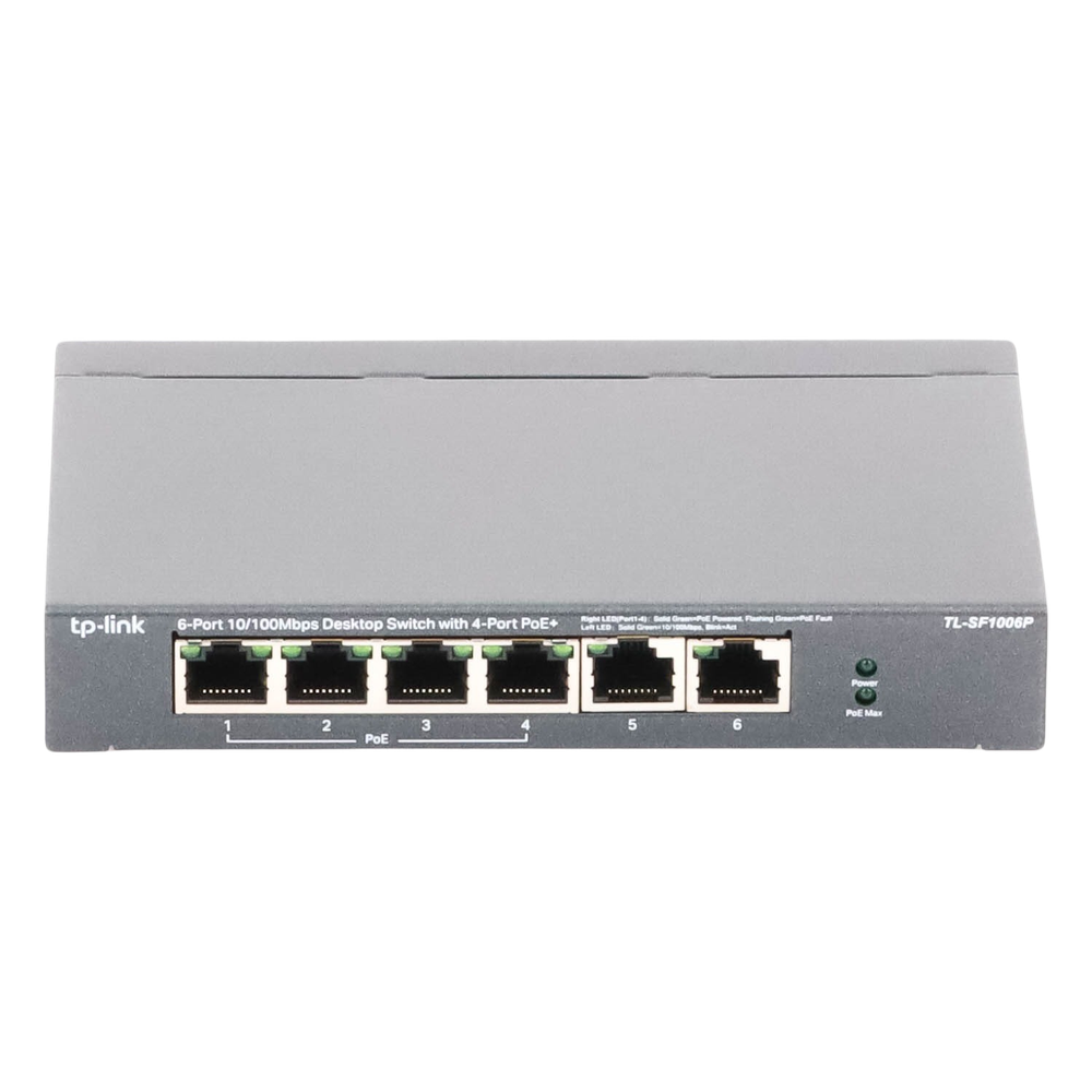 Switch PoE no Administrable de escritorio / 6 puertos 10/100 Mbps / 4 puertos PoE af/at / Presupuesto 67 W / Modo Extensor hasta 250 m / Calidad video prioritaria