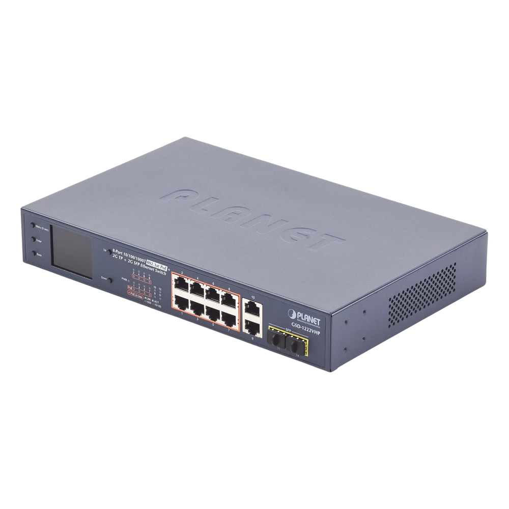Switch No Administrable 8 Puertos Gigabit con Modo Extender a 250 m,  2 Puertos Uplink 10/100/1000 Mbps, 2 Puertos SFP