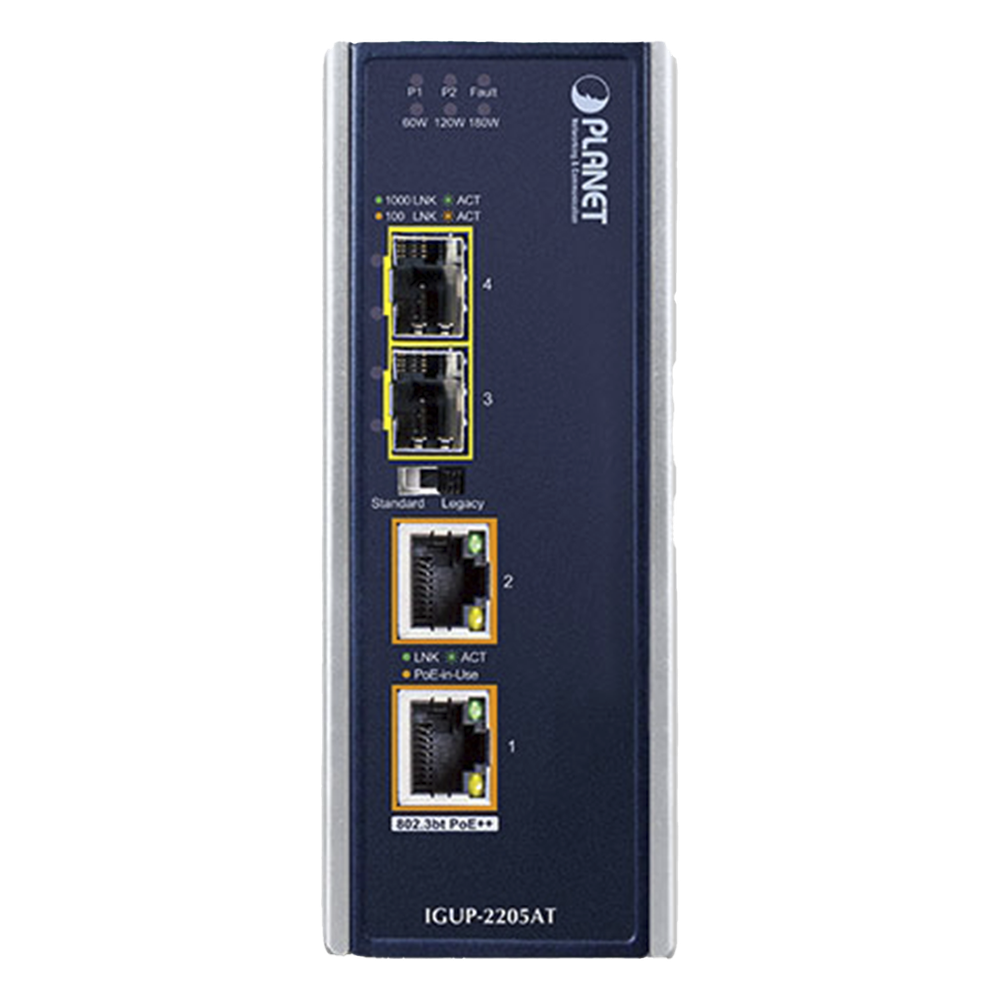 Convertidor de Medios Industrial de 2 Puertos SFP 100/1000X a 2 Puertos RJ45 10/100/1000T 802.3bt PoE++