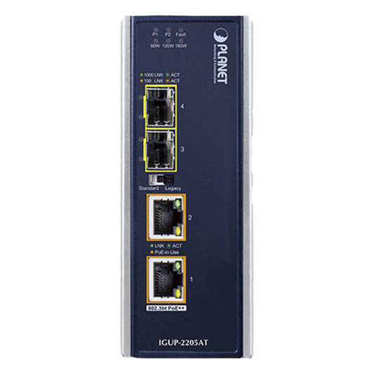 Convertidor de Medios Industrial de 2 Puertos SFP 100/1000X a 2 Puertos RJ45 10/100/1000T 802.3bt PoE++