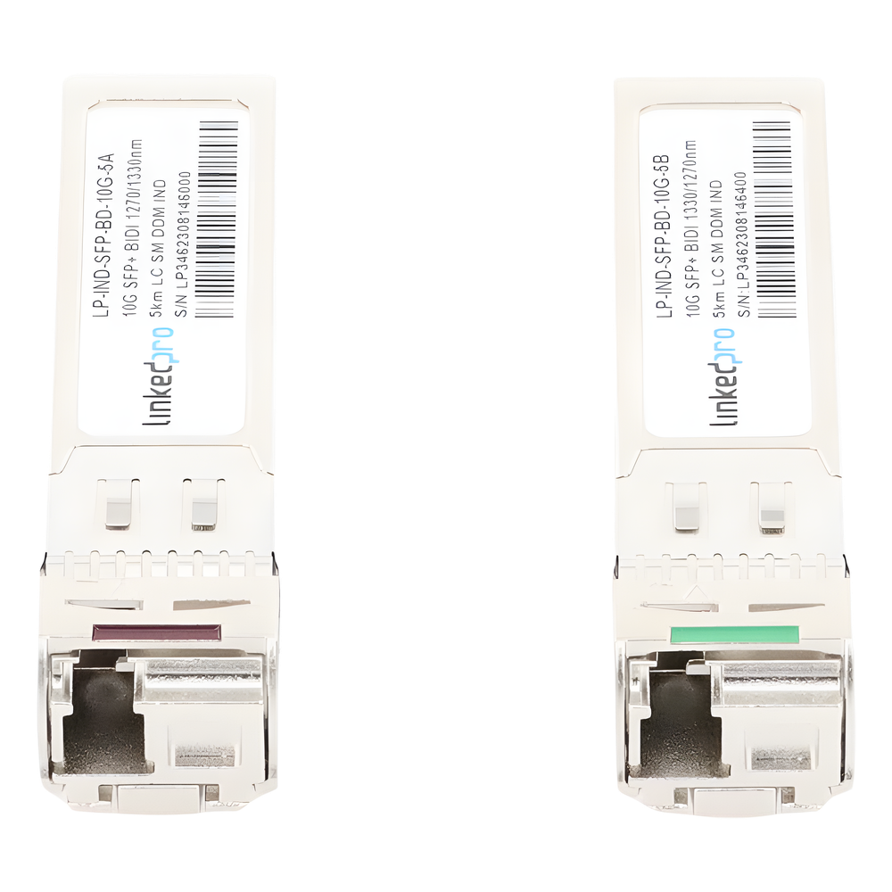 Transceptores Ópticos Industriales Bidireccionales SFP+ (Mini-Gbic) / Monomodo 1270 & 1330 nm / 10 Gbps / 10GBASE / Conector LC/UPC Simplex / DDM / Hasta 5 km / 2 Piezas