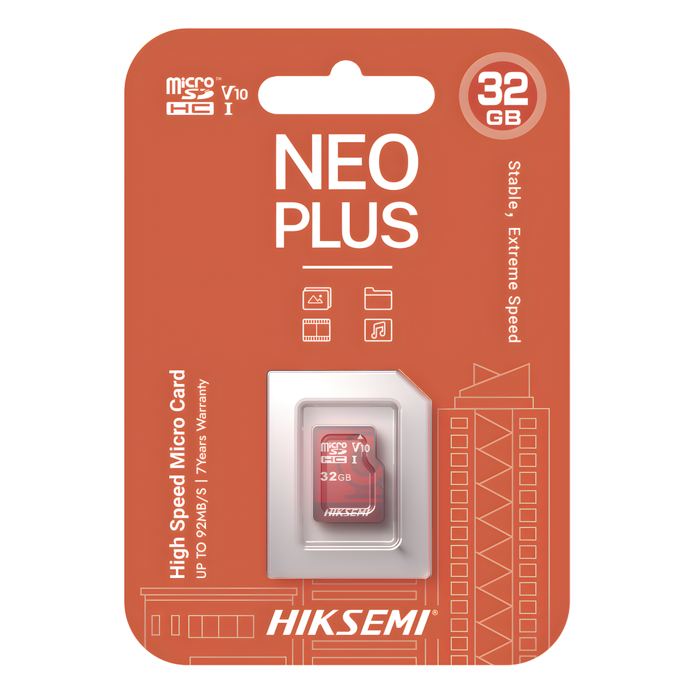 MicroSD HIKSEMI NEO Plus / 32 GB / 95 MB/s Lectura / 25 MB/s Escritura / Clase 10 U3 / TLC NAND / Especializada Para Videovigilancia 24/7
