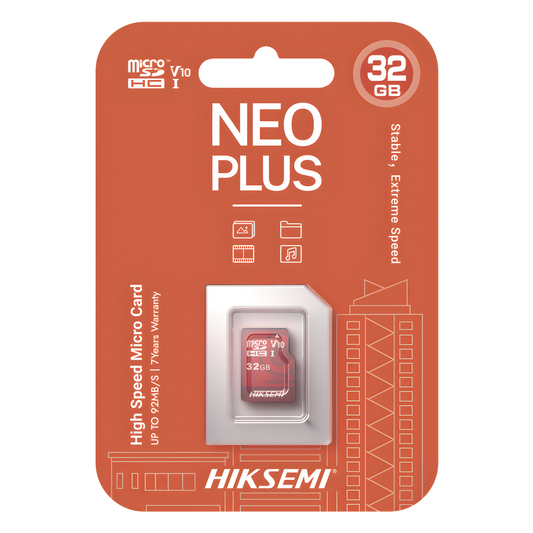 MicroSD HIKSEMI NEO Plus / 32 GB / 95 MB/s Lectura / 25 MB/s Escritura / Clase 10 U3 / TLC NAND / Especializada Para Videovigilancia 24/7