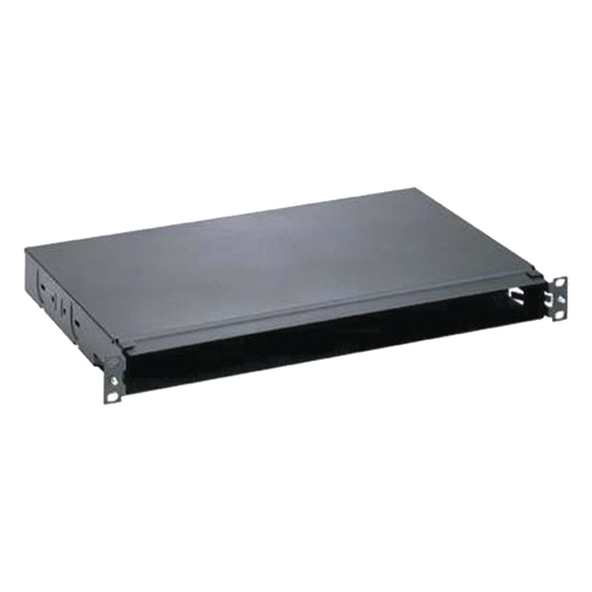 Panel de Distribución de Fibra Óptica, Acepta 4 Casetes QuickNet o Placas FAP/FMP con Panel CFAPPBL1 (No Incluido), Bandeja Fija, Hasta 96 Fibras, Color Negro, 1UR