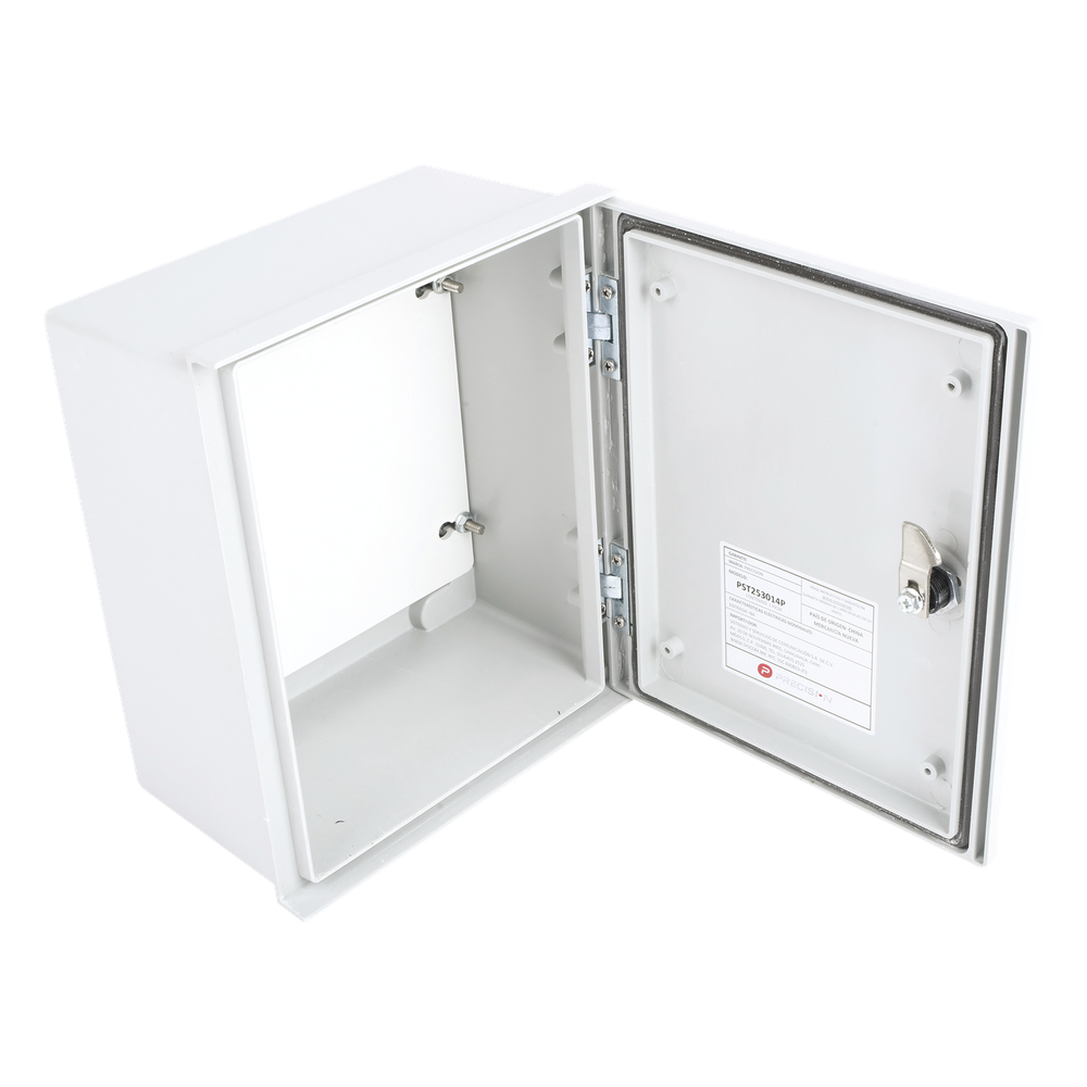 Gabinete de Poliéster IP65 Uso en Intemperie (250 x 300 x 140 mm) con Placa Trasera Interior de Plástico (Incluye Chapa y Llave).