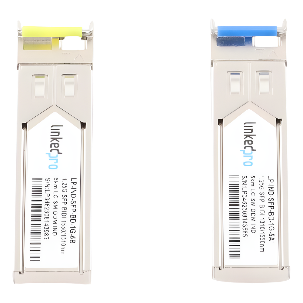 Transceptores Ópticos Industriales Bidireccionales SFP (Mini-Gbic) / Monomodo 1310 & 1550 nm / 1.25 Gbps / 1000BASE-BX / Conector LC/UPC Simplex / DDM / Hasta 5 km / 2 Piezas