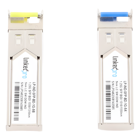 Transceptores Ópticos Industriales Bidireccionales SFP (Mini-Gbic) / Monomodo 1310 & 1550 nm / 1.25 Gbps / 1000BASE-BX / Conector LC/UPC Simplex / DDM / Hasta 5 km / 2 Piezas