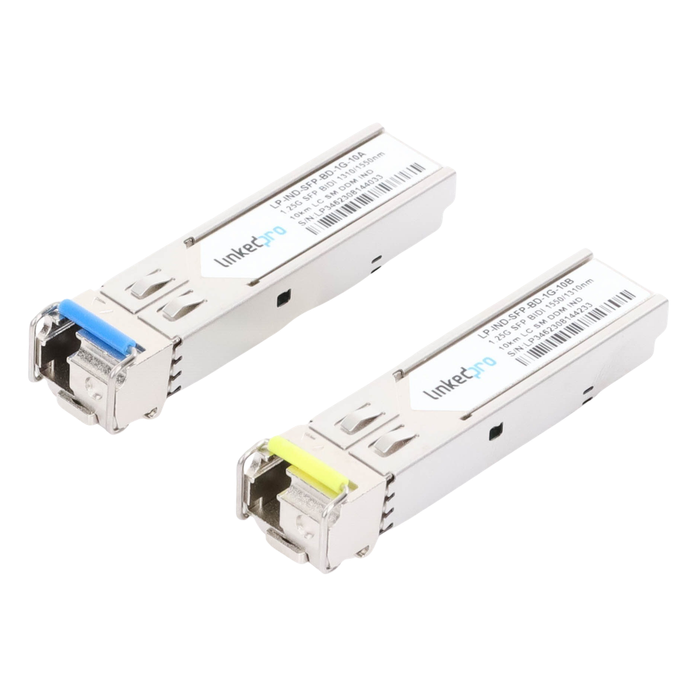 Transceptores Ópticos Industriales Bidireccionales SFP (Mini-Gbic) / Monomodo 1310 & 1550 nm / 1.25 Gbps / 1000BASE-BX / Conector LC/UPC Simplex / DDM / Hasta 10 km / 2 Piezas
