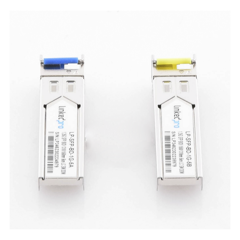 Transceptores Ópticos Bidireccionales SFP (Mini-Gbic) / Monomodo 1310 & 1550 nm / 1.25 Gbps / 1000BASE-BX / Conector LC/UPC Simplex / DDM / Hasta 5 km / 2 Piezas
