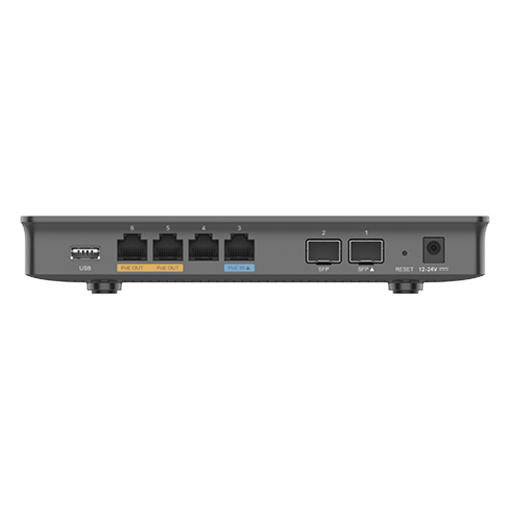 Router Gigabit VPN / Balanceador de cargas / 30,000 sesiones NAT /  4 puertos 10/100/1000 Mbps + 2 puertos SFP (WAN/LAN) / 1 puerto entrada PoE(af/at) / 2 puertos salida PoE (af/at) / Compatible con GWN Cloud.