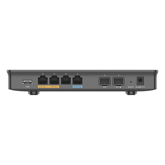 Router Gigabit VPN / Balanceador de cargas / 30,000 sesiones NAT /  4 puertos 10/100/1000 Mbps + 2 puertos SFP (WAN/LAN) / 1 puerto entrada PoE(af/at) / 2 puertos salida PoE (af/at) / Compatible con GWN Cloud.