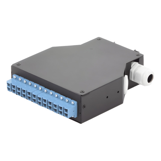 Distribuidor de Fibra Óptica Para Riel Din, 12 Acopladores LC/UPC Duplex Monomodo con Charola de Empalme