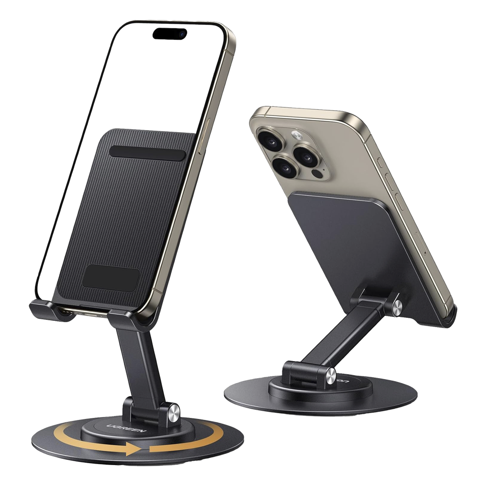 Soporte para Teléfono Celular Giratorio | 360° de Rotación | Angulo Ajustable | Altura Ajustable 17-20cm  | Antideslizante | Ejes Giratorios de Alta Precisión| Plegable | Aluminio | Color Gris