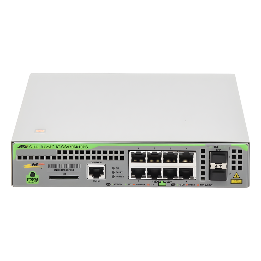 Switch PoE+ Administrable CentreCOM GS970M, Capa 3 de 8 Puertos 10/100/1000 Mbps + 2 SFP Gigabit, 124 W