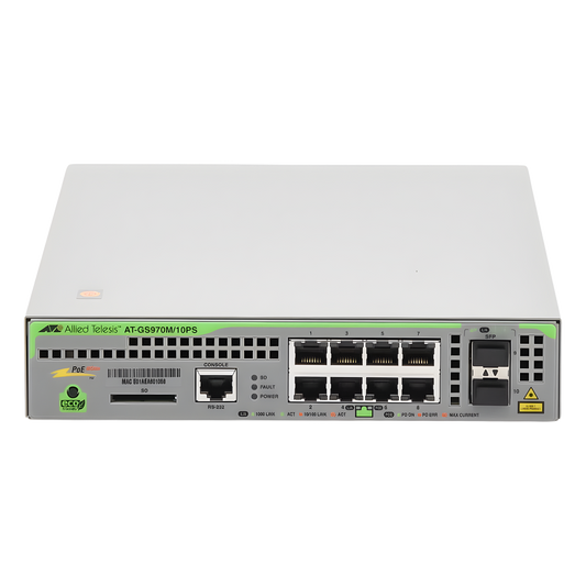 Switch PoE+ Administrable CentreCOM GS970M, Capa 3 de 8 Puertos 10/100/1000 Mbps + 2 SFP Gigabit, 124 W
