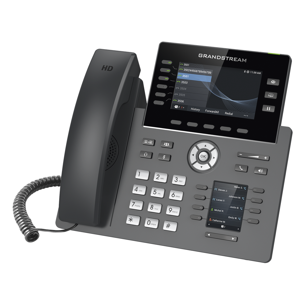 Teléfono IP Wi-Fi, Grado Operador, 6 líneas SIP con 6 cuentas, pantalla a color 4.3", puertos Gigabit, Bluetooth, PoE, codec Opus, IPV4/IPV6 con gestión en la nube GDMS