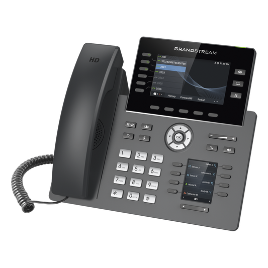 Teléfono IP Wi-Fi, Grado Operador, 6 líneas SIP con 6 cuentas, pantalla a color 4.3", puertos Gigabit, Bluetooth, PoE, codec Opus, IPV4/IPV6 con gestión en la nube GDMS