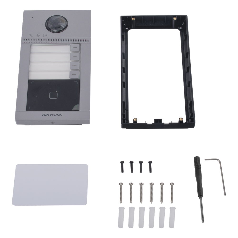 Videoportero IP 2 Megapixel / Llamada y Apertura Remota desde App Hik-Connect (Requiere monitor )/ PoE / Exterior IP65 + Antivandalico IK08 / 4 Departamento / Apertura con Tarjeta / Soporta 2 Puertas y hasta 6 Monitores