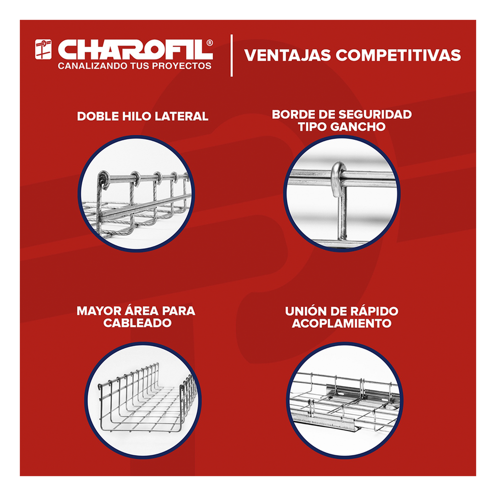 Charola Tipo Malla 105/300 mm, Acabado Electro Zinc, Hasta 501 Cables Cat6, Tramo de 3 Metros