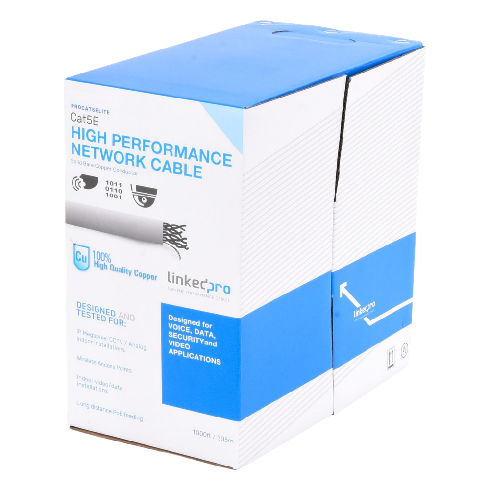 Bobina de Cable de 305 Metros (1000 Pies), Cat5e, 24 AWG, Color Gris, UL, para Aplicaciones en Videovigilancia, Redes de Datos. Uso Interior