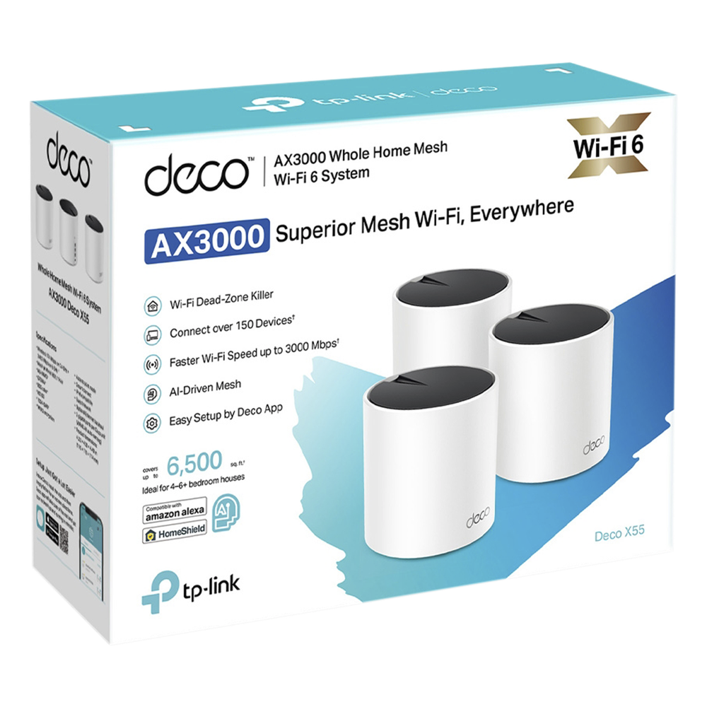 Kit 3 Routers Inalámbricos MESH Interior para Hogar / Doble Banda Wi-Fi 6 AX3000 Mbps / 3 Puerto Gigabit WAN/LAN / 2 Antenas Internas / Administración Mediante la App Deco (iOS, Android) / Protección HomeShield