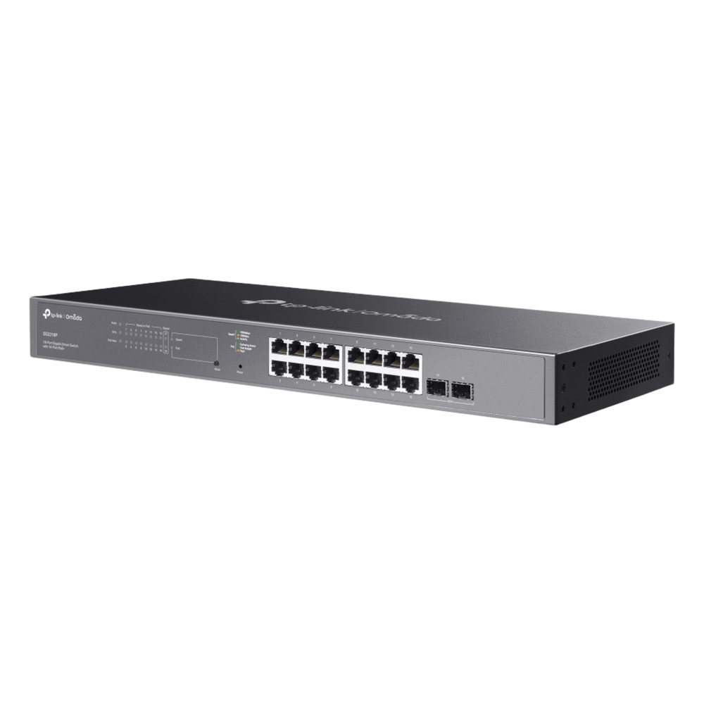 Switch Smart Omada 18 Puertos Gigabit / 16 Puertos PoE+ 802.3af/at / 2 Ranuras SFP Gigabit / Presupuesto PoE 150 W / Switching 36 Gbps / Enrutamiento Estático L2+ / Gestión Cloud SDN / Fanless / Montable en Rack