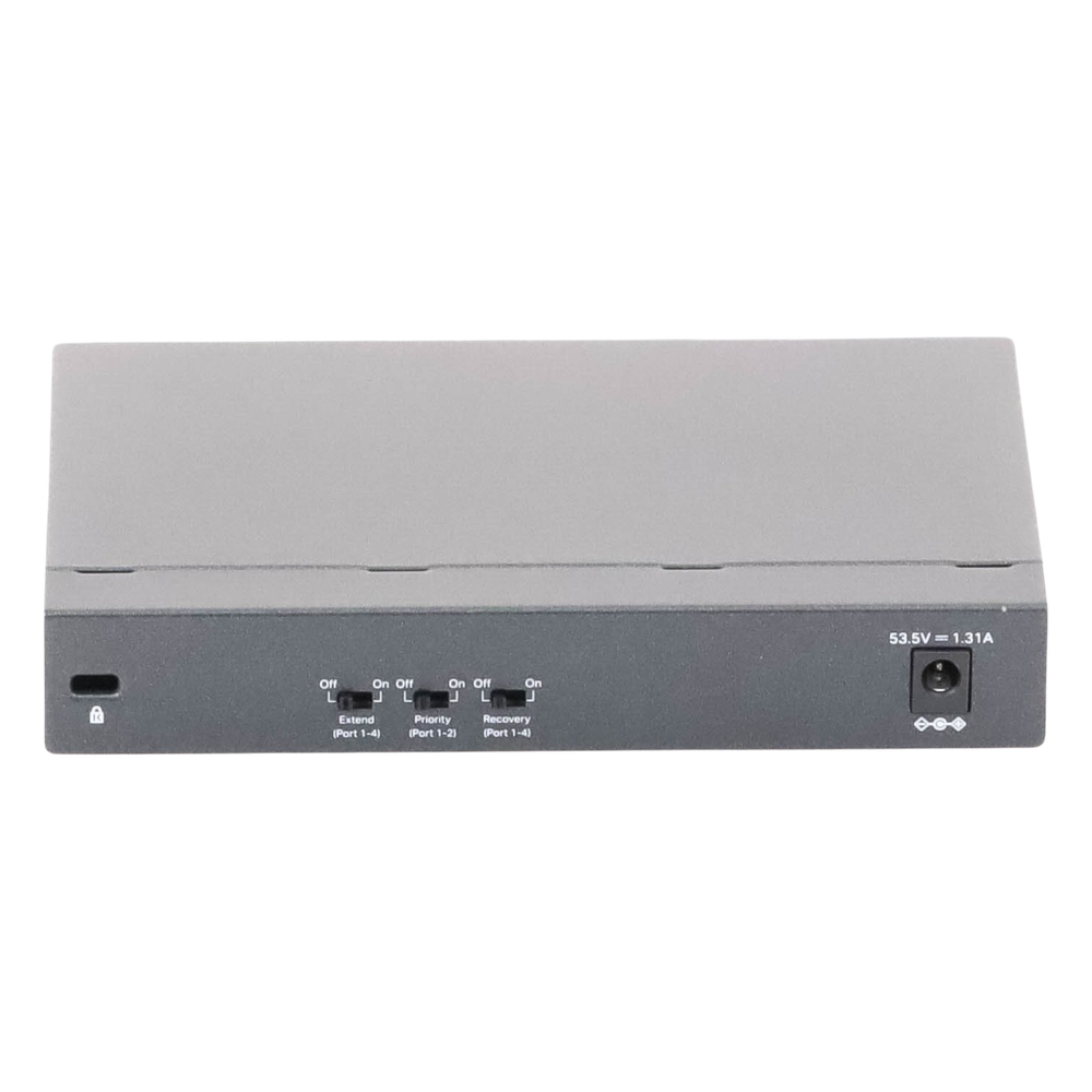 Switch PoE no Administrable de escritorio / 6 puertos 10/100 Mbps / 4 puertos PoE af/at / Presupuesto 67 W / Modo Extensor hasta 250 m / Calidad video prioritaria