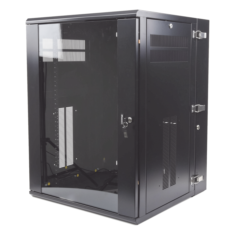 Gabinete PanZone de Montaje en Pared, de 19in, Puerta con Ventana de Seguridad, 18 UR, 635mm de Profundidad, Color Negro