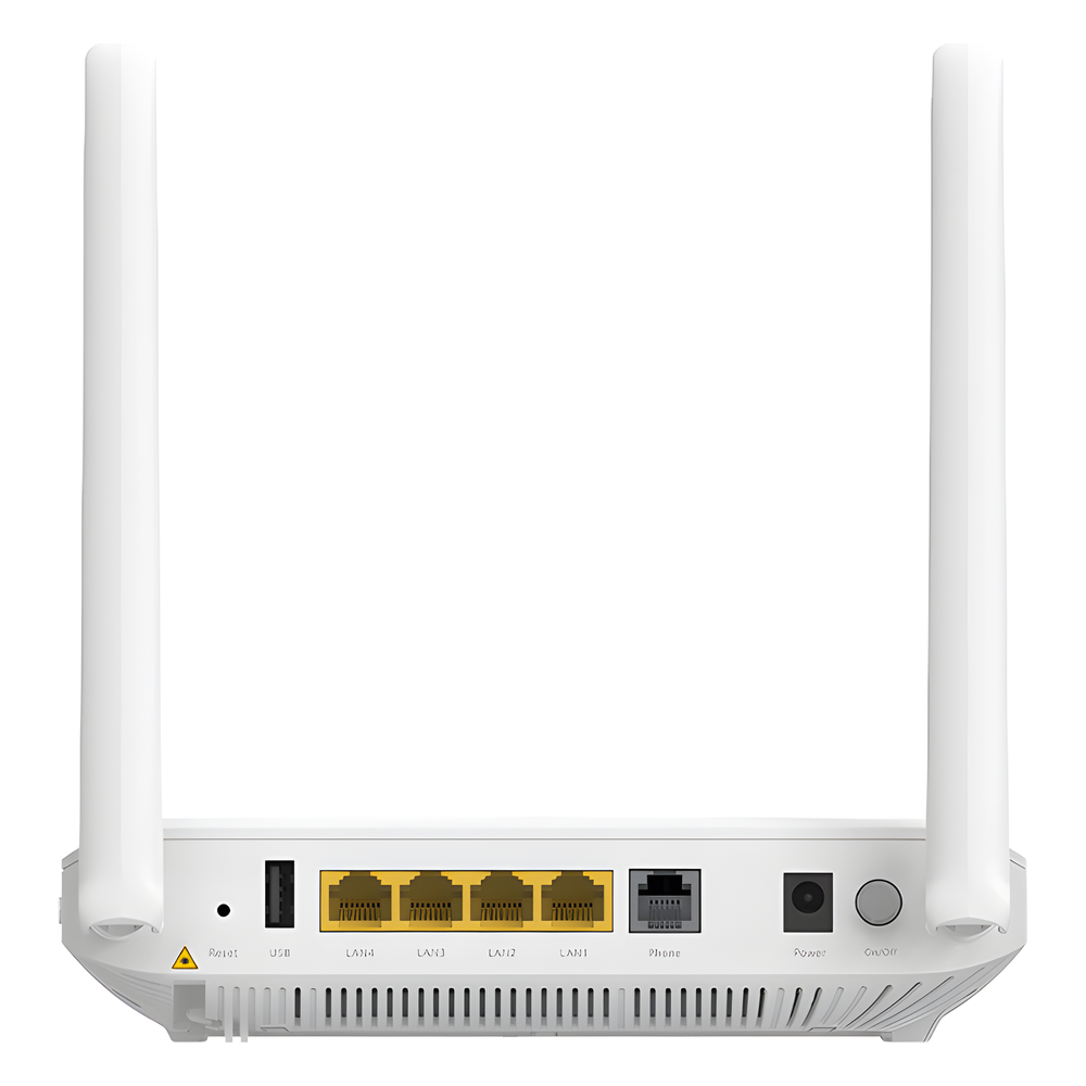 ONU GPON WiFi (2.4/5 GHz), 2 antenas de 5 dBi, Compatible con OLT de Terceros, MIMO 2x2, 4 puertos Gigabit + 1 POTS + USB, conector SC/UPC (Gestión WAN desde la Interfaz de la ONU)