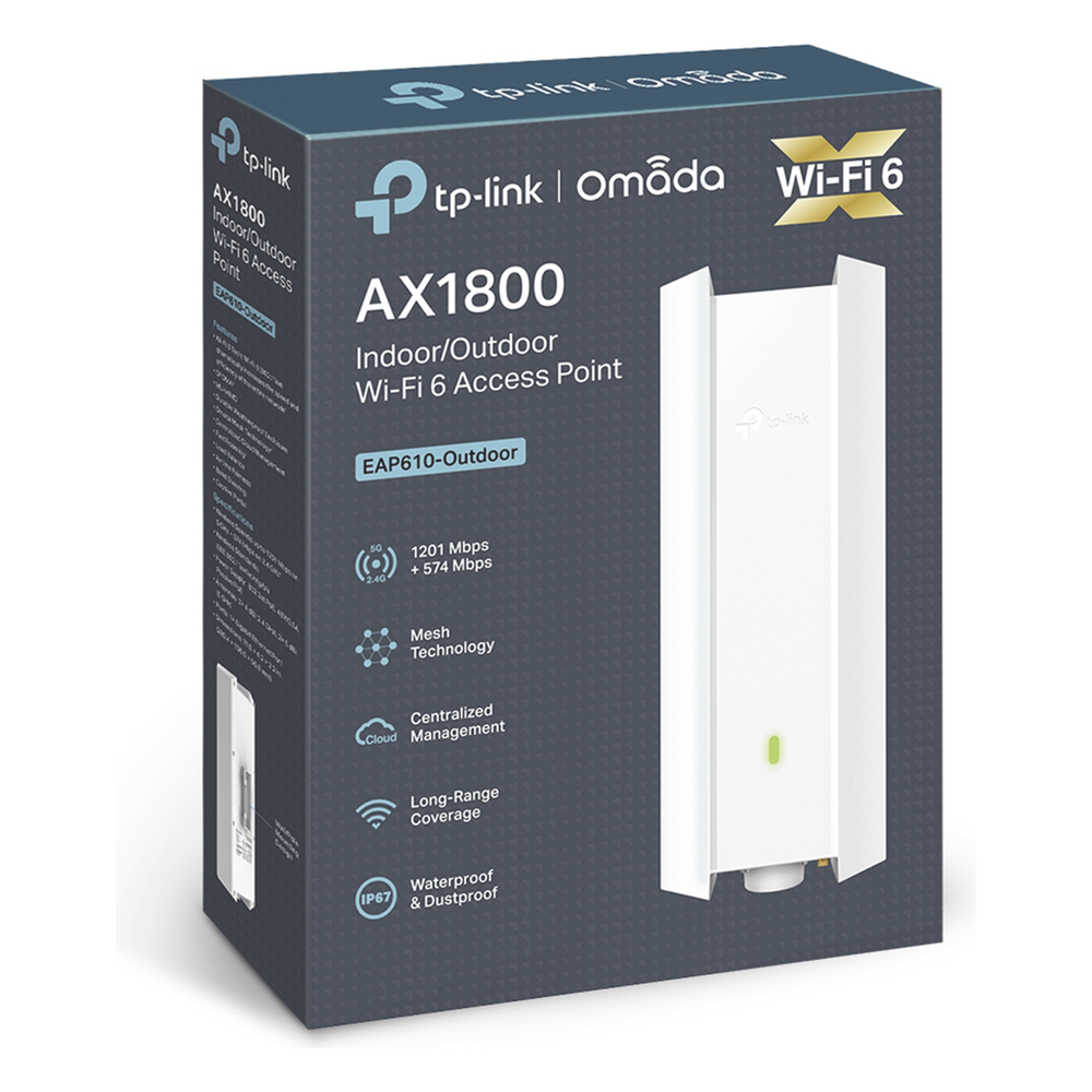 Punto de Acceso Omada Exterior-Interior / Wi-Fi 6 AX1800 MU-MIMO 2x2 / Mesh Omada / Alta Densidad de Usuarios / Configuración por Controlador o Stand-Alone / Para Montaje en Mástil/ Pared / Alimentación PoE+