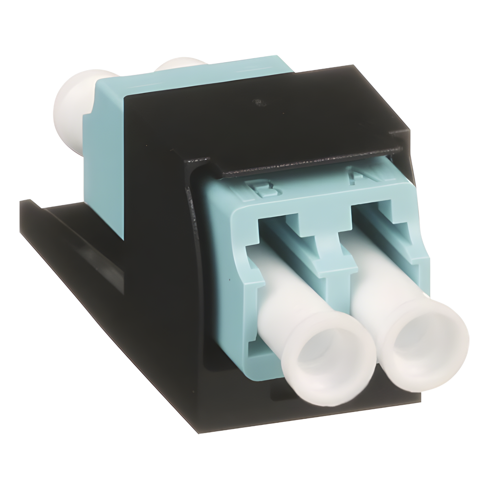 Módulo Acoplador LC Duplex, para Fibra Óptica Multimodo OM3/OM4, Tipo Mini-Com, Color Aqua