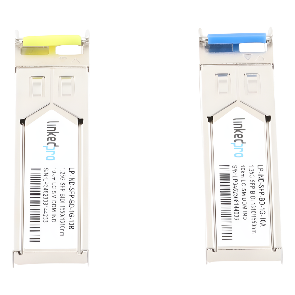 Transceptores Ópticos Industriales Bidireccionales SFP (Mini-Gbic) / Monomodo 1310 & 1550 nm / 1.25 Gbps / 1000BASE-BX / Conector LC/UPC Simplex / DDM / Hasta 10 km / 2 Piezas