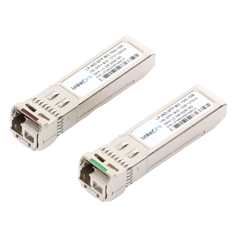Transceptores Ópticos Industriales Bidireccionales SFP+ (Mini-Gbic) / Monomodo 1270 & 1330 nm / 10 Gbps / 10GBASE / Conector LC/UPC Simplex / DDM / Hasta 10 km / 2 Piezas