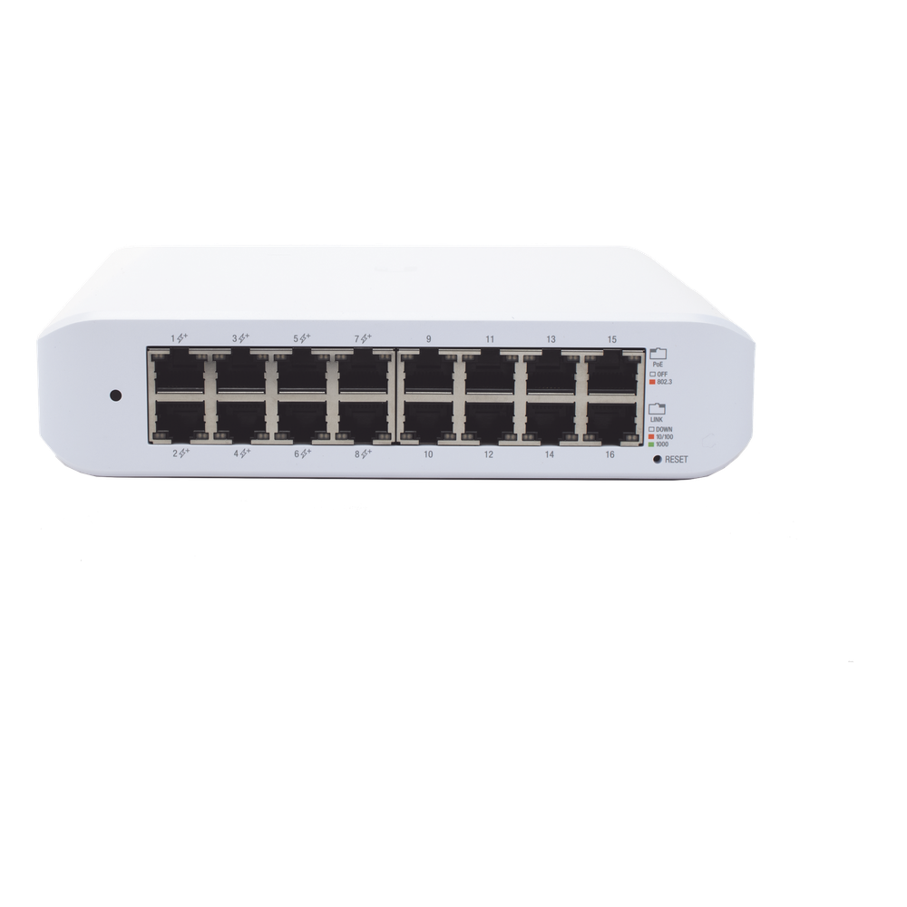 Switch UniFi Lite Administrable PoE de 16 Puertos 10/100/1000 Mbps (8 puertos 802.3af/at), 45 W