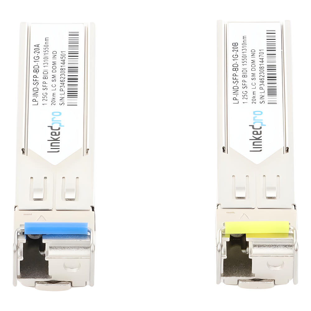 Transceptores Ópticos Industriales Bidireccionales SFP (Mini-Gbic) / Monomodo 1310 & 1550 nm / 1.25 Gbps / 1000BASE-BX / Conector LC/UPC Simplex / DDM / Hasta 20 km / 2 Piezas