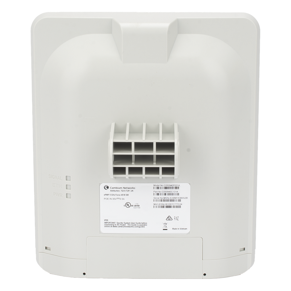 1 Gbps de capacidad / Suscriptor en 5 GHz / Force 4518 / 5 GHz / Antena Panel 18 dBi / Canales 20-40-80 MHz / MIMO 2x2 para una comunicación sin intermitencia / IP55 / PoE Incluido / Garantía 3 Años / (C050940C131A)