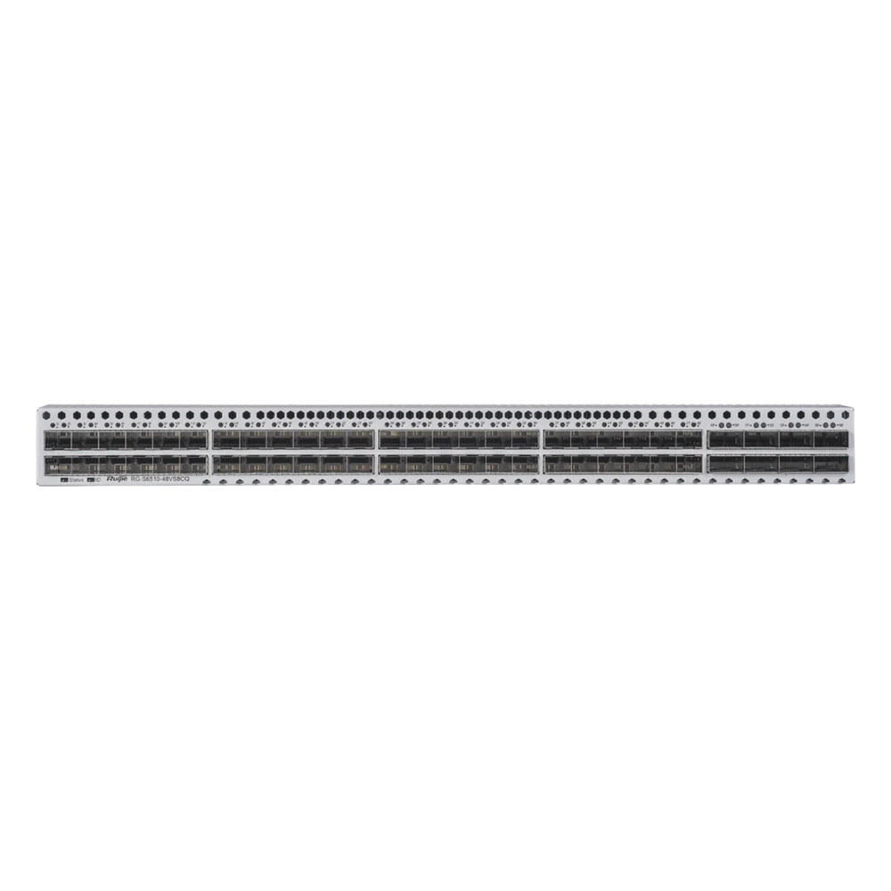 Switch Data Center / 48 Puertos SFP+ 1G/10G / 8 Puertos QSFP28 40G/100G / 2.56 Tbps / 1920 Mpps / M-LAG VSU VXLAN EVPN / RDMA RoCEv2 PFC ECN / Fuentes Redundantes 1+1 Hot-Swap