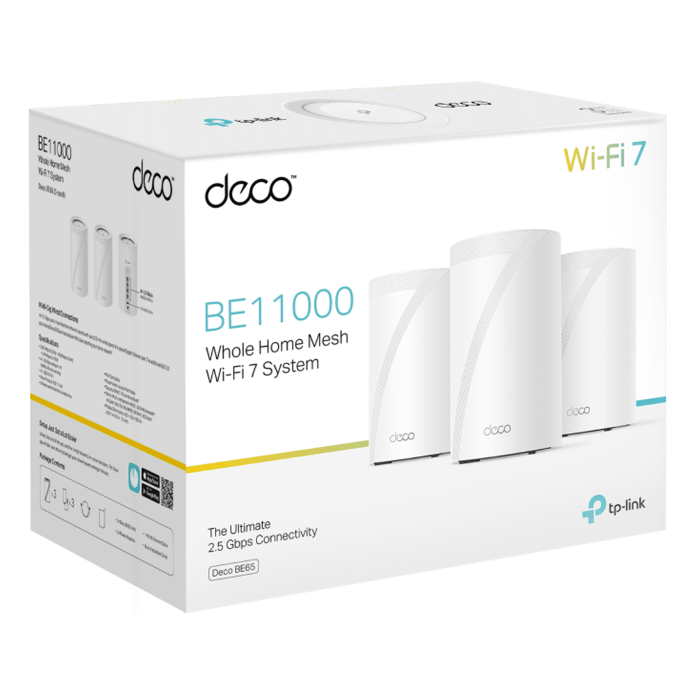 KIT 3 Routers Inalámbrico MESH Interior para Hogar / Triple Banda Wi-Fi 7 BE9300 Mbps / 2 Puerto 2.5 Gigabit WAN/LAN / 4 Antenas Internas / Operación Multi-Link MLO / Administración Mediante la App Deco (iOS, Android) / HomeShield