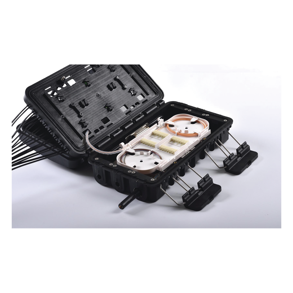 Caja de Distribución de Fibra Óptica para 24 Empalmes, con 16 acopladores SC/APC simplex, Exterior IP65, Color Negro