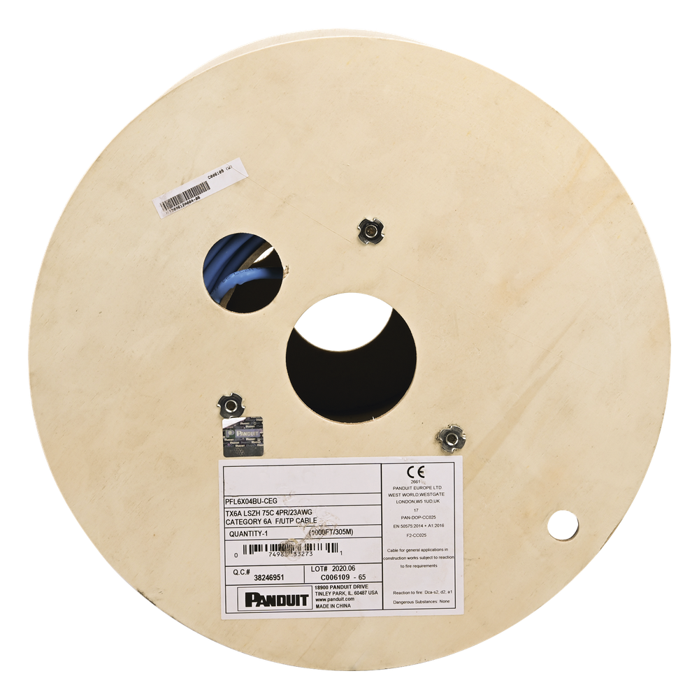 Bobina de Cable Blindado F/UTP de 4 Pares, Cat6A, Soporte de Aplicaciones 10GBase-T, LSZH (Libre de Gases Tóxicos), Color Azul, 305 Metros (1000 Pies)