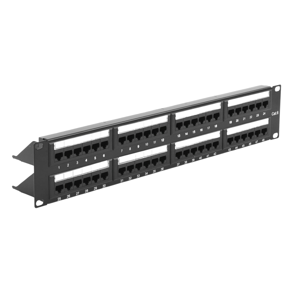 Panel de Parcheo de Impacto (110) UTP de 48 Puertos Cat6, 19 Pulgadas (48.26 cm), 2U, con Barra para Organizar Cable