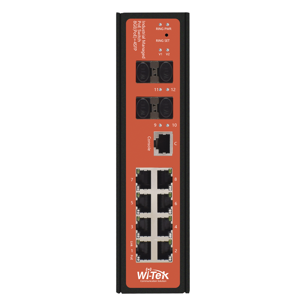 Switch Industrial administrable PoE, puerto 1-2 PoE 24/48. puertos 3-8 puertos 802.3 af/at/bt, hasta 60 W