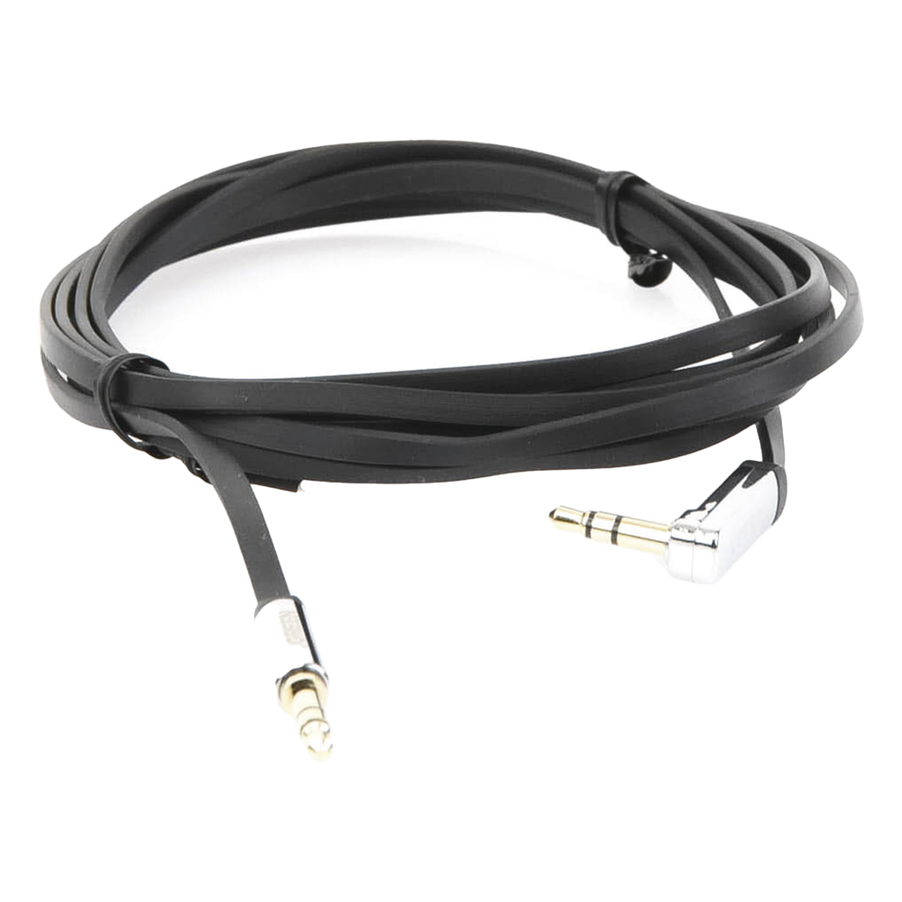 Cable Auxiliar Plano 2 Metros / Conector 3.5mm a 3.5mm / Macho-Macho / Recto a Angulo / Ángulo de 90° en una de sus Puntas / Color Negro