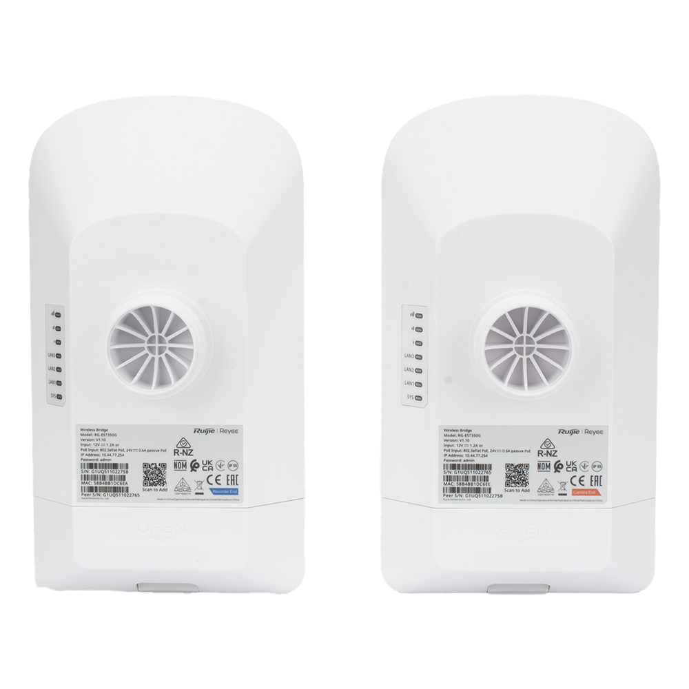 Kit Punto a Punto Ruijie RG-EST350G / Wi-Fi 5 (802.11ac Wave2) 867 Mbps / Antena 16 dBi MIMO 2x2 MU-MIMO / 3 Puertos Gigabit / Alcance 5 km (16,404 ft) / IP55 / Administración Cloud