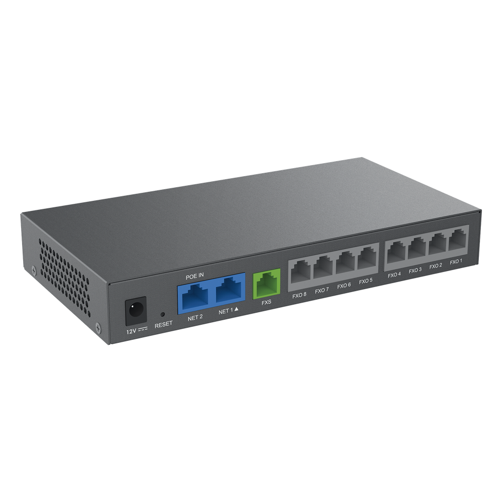 Gateway Analógico 8 FXO  (Conectar Lineas Analógicas) / 3 Perfiles SIP / 1 Puerto FXS / NAT de Alto Rendimiento / Soporte Lifeline / Fax T.38 / Cifrado AES / Failover SIP / Conferencia de Voz 3 Vías