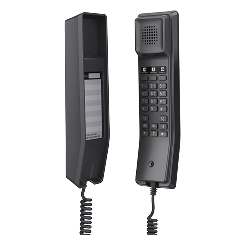 Teléfono IP para Hoteles / Altavoz HD / 2 Cuentas y Líneas SIP / 10 Teclas de Marcación Rápida / 3 Teclas Programables / Códec OPUS / Gestión GDMS / Instalación en Escritorio y Pared / PoE 100 Mbps