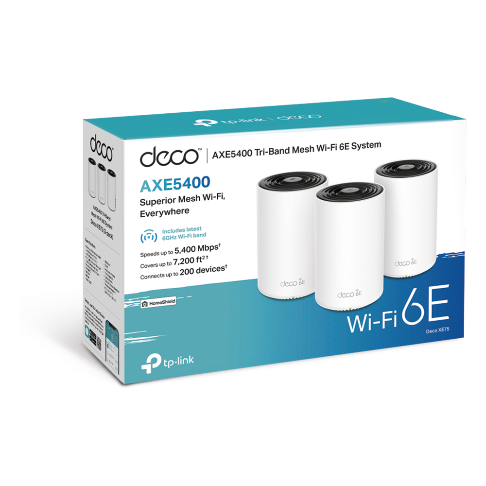 Kit 3 Routers Inalámbricos MESH Interior para Hogar / Doble Banda Wi-Fi 6E AX5400 Mbps / 3 Puerto Gigabit WAN/LAN / 4 Antenas Internas / Administración Mediante la App Deco (iOS, Android) / Protección HomeShield
