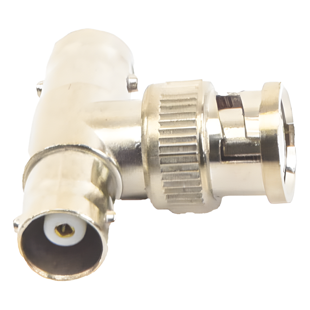 Adaptador en T para 75 Ohm de Conector BNC Macho a Doble BNC Hembra, Níquel/ Oro/ Teflón.